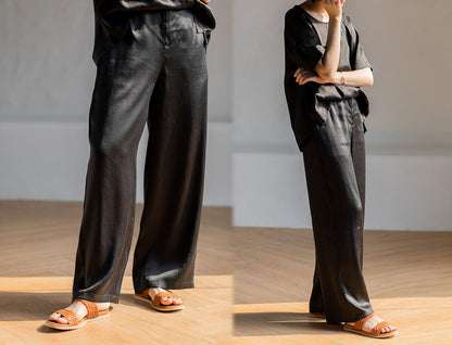 edoa Loose Fitting Mud Silk Crepe Satin Wide-leg Pants 