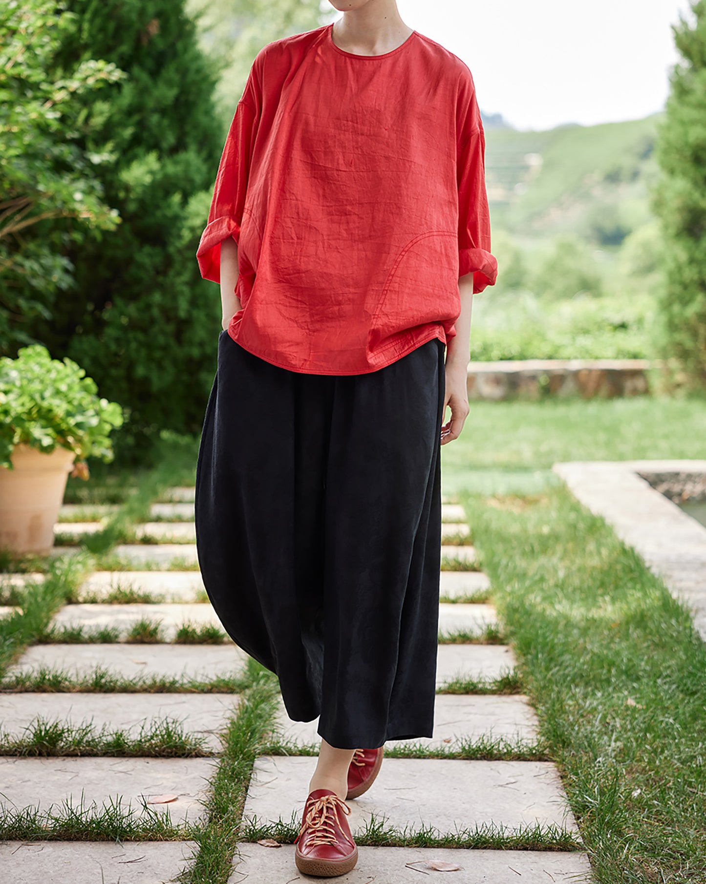 edoa Red Dupioni Silk Shirt 