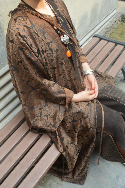 edoa Mud Silk Jacquard Kimono Coat in Rose Pattern