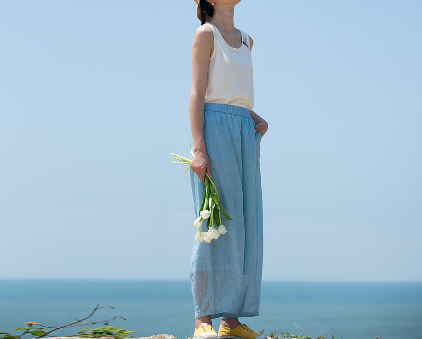 edoa Thin High Count Ramie Pintuck Waist Lantern Pants 