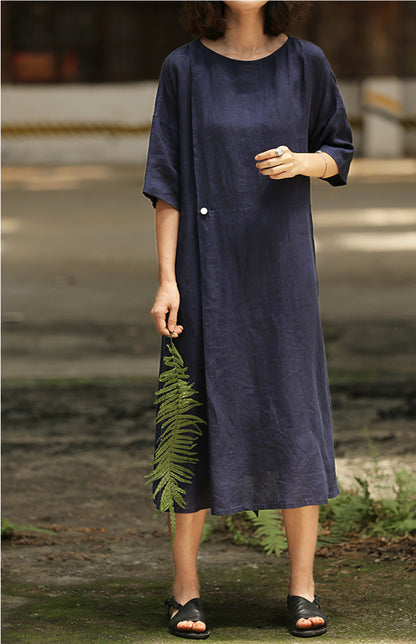edoa Loose Pleated Linen Long Dress 