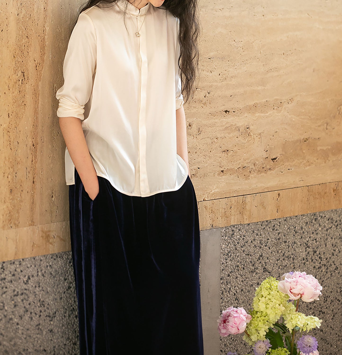 edoa Stretch Silk Satin Chinese Blouse