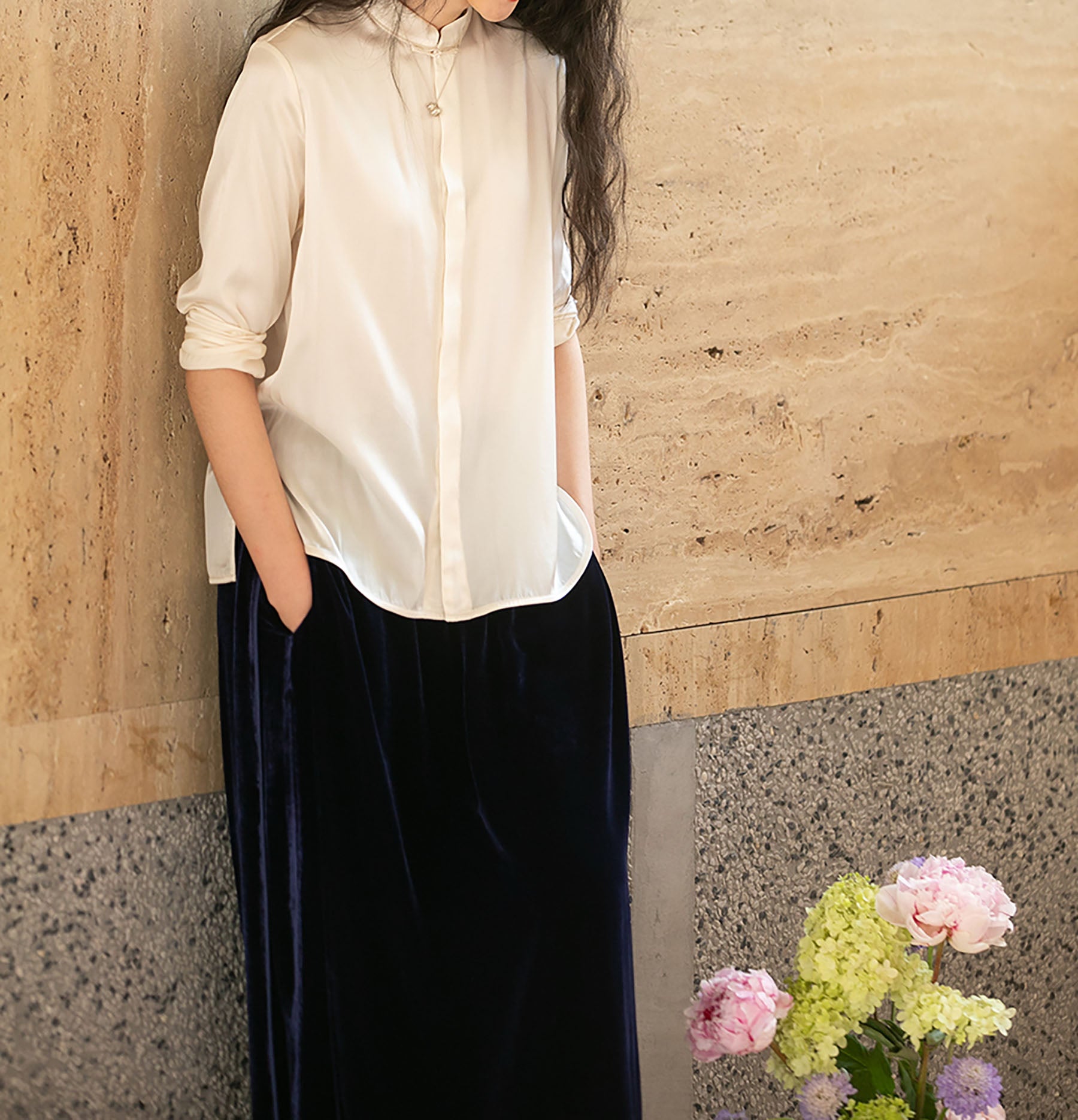 edoa Stretch Silk Satin Chinese Blouse