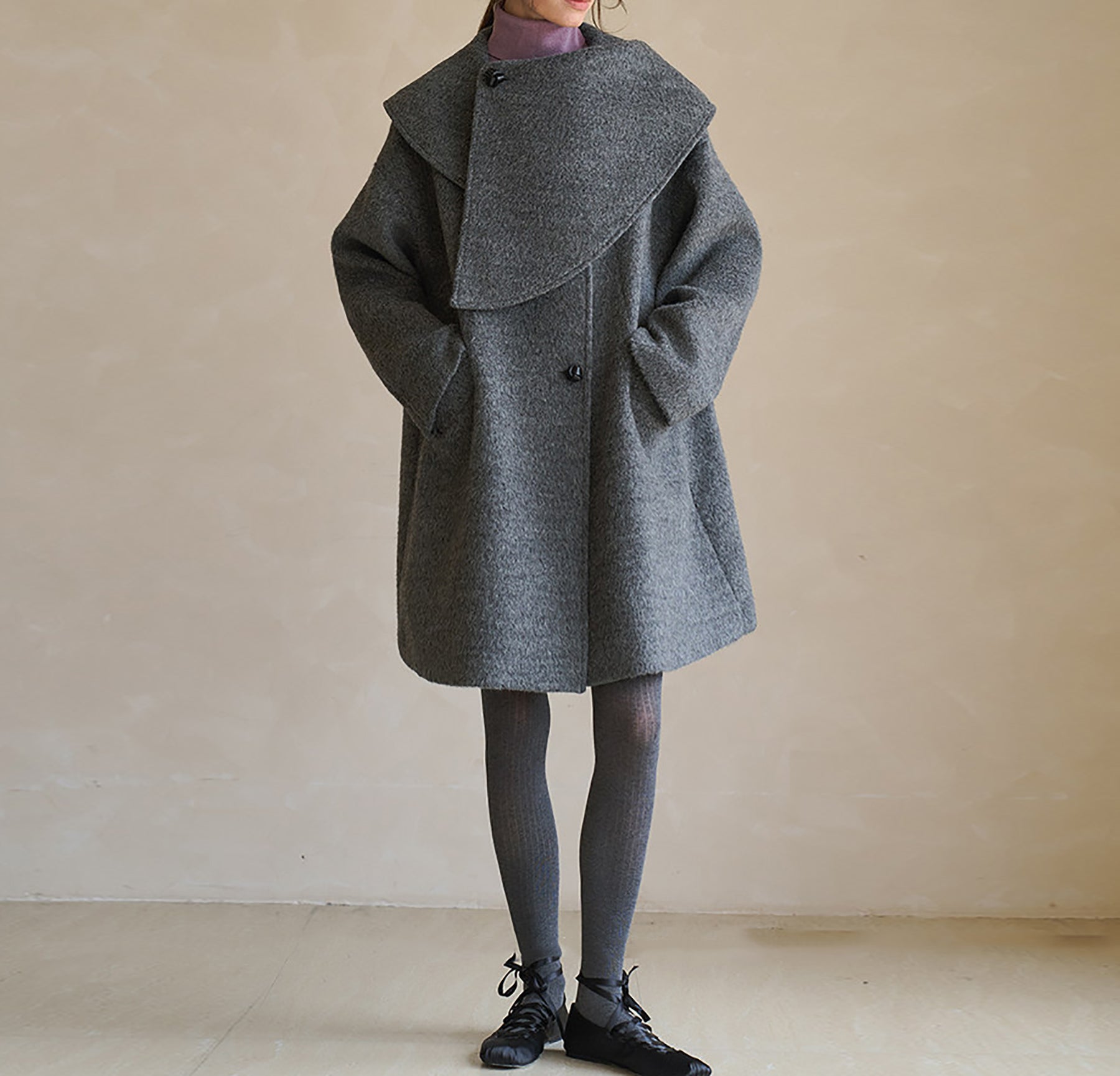 edoa Scarf Collar Alpaca Wool Trapeze Coat 