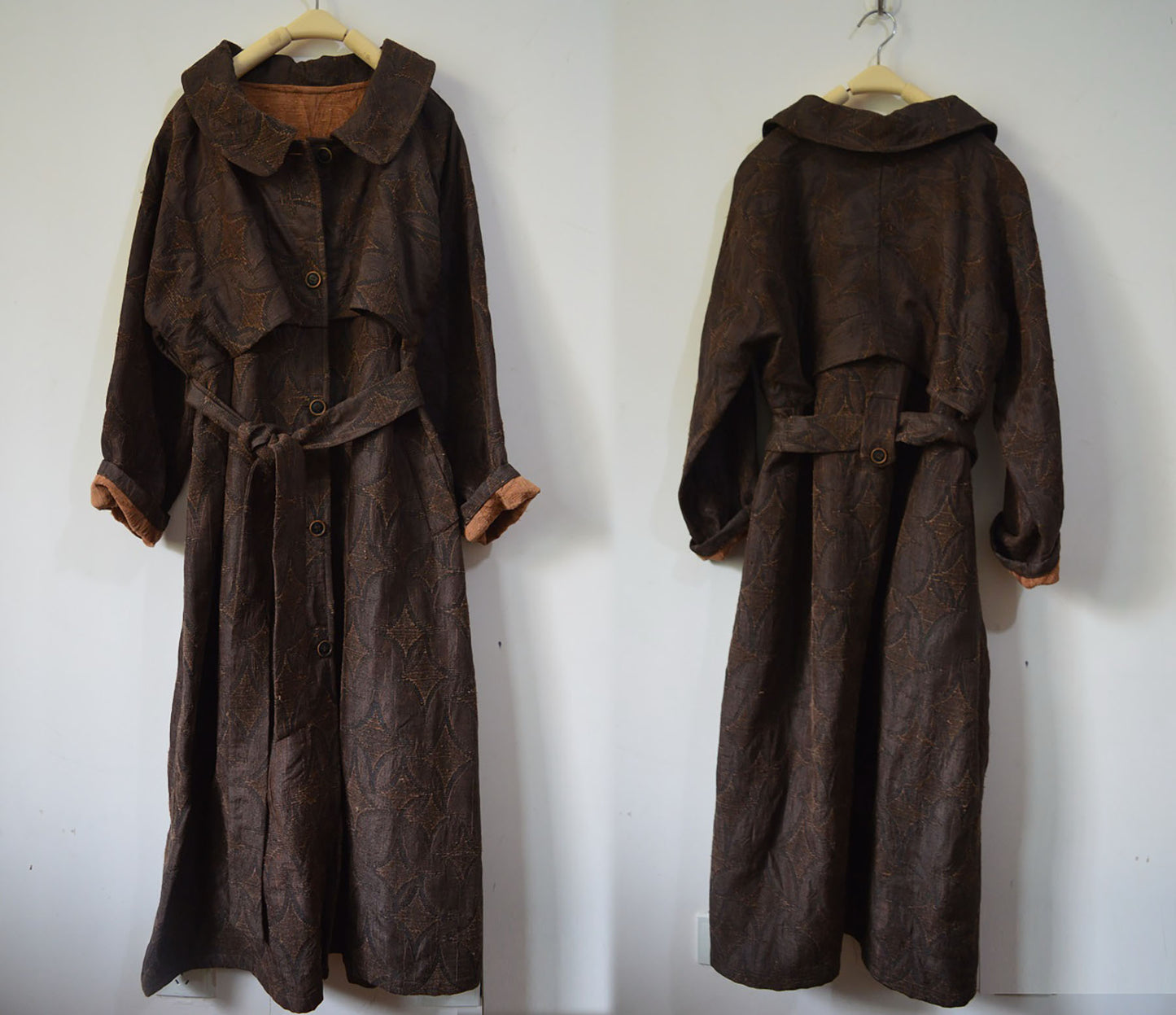 Mud Tussah Silk Jacquard Peter Pan Collar Trench Coat co0048 A318