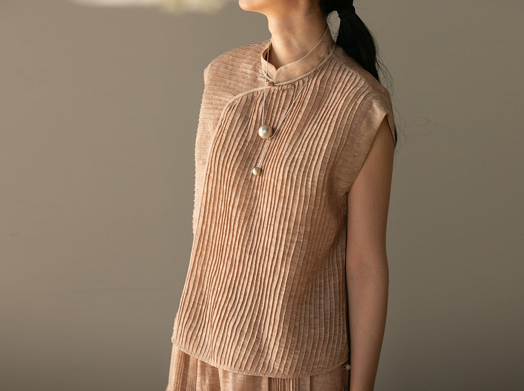 edoa Hand-pintucked Distressed Linen Rayon blend Qipao