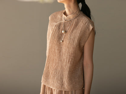 edoa Hand-pintucked Distressed Linen Rayon blend Qipao