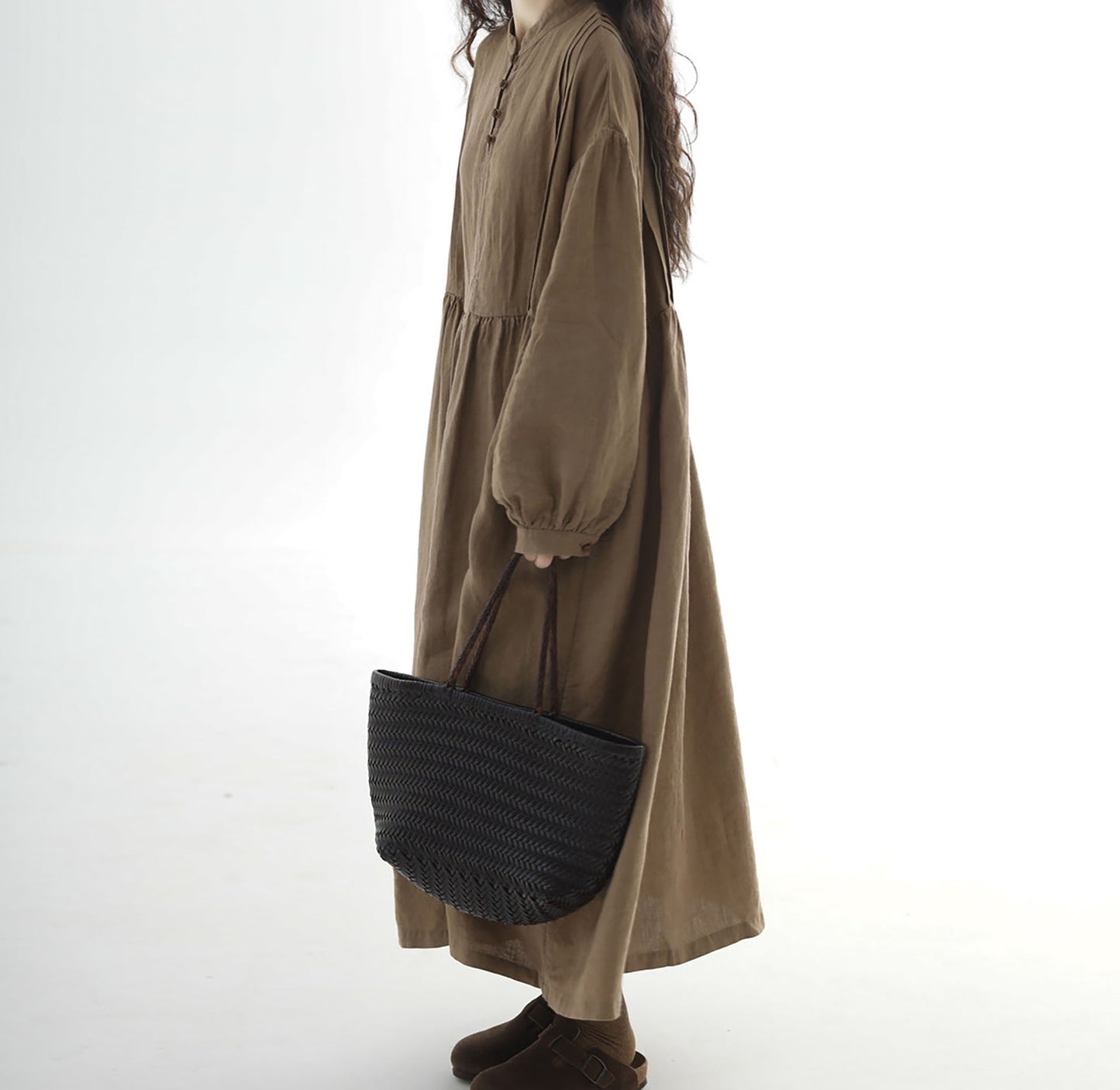 edoa Loose Brown Stone-washed Linen Dress