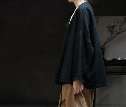 edoa Linen Open Front Tie Jacket