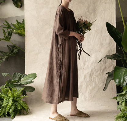 edoa Brown Ramie 3/4 Sleeves Modified Qipao
