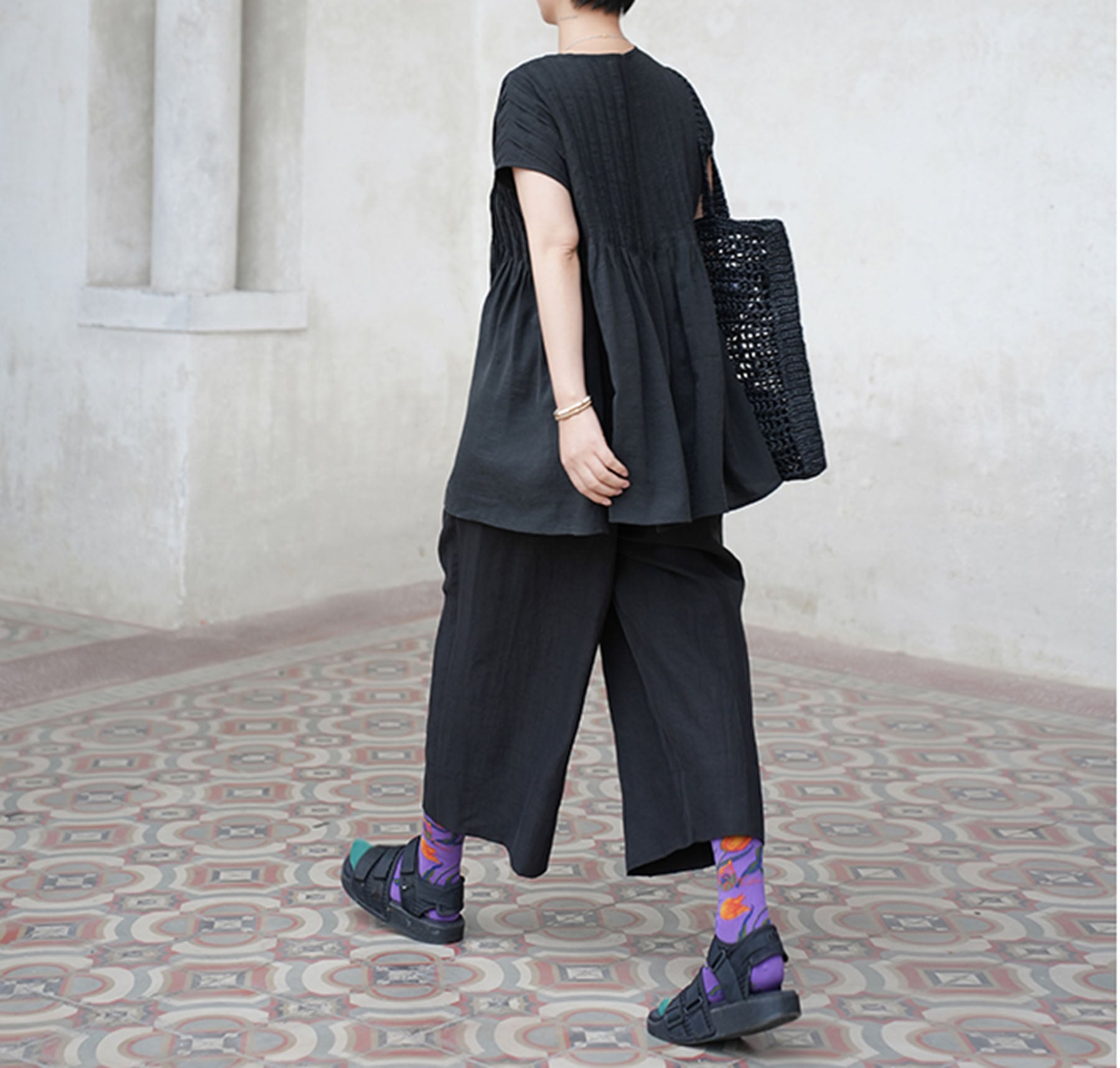 edoa Hand Pintucked Cracked Mud Silk Charmeuse Blouse