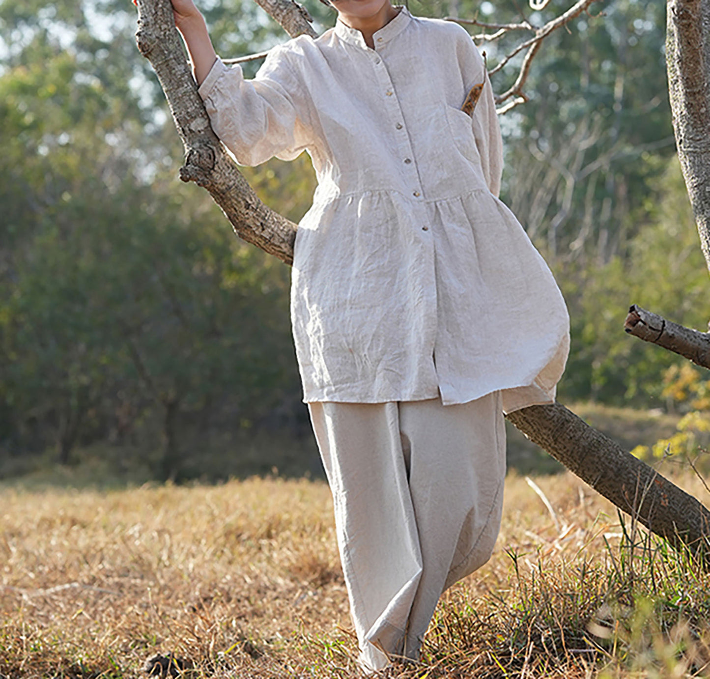 edoa Flax Linen Blouse with Ruffled Hem
