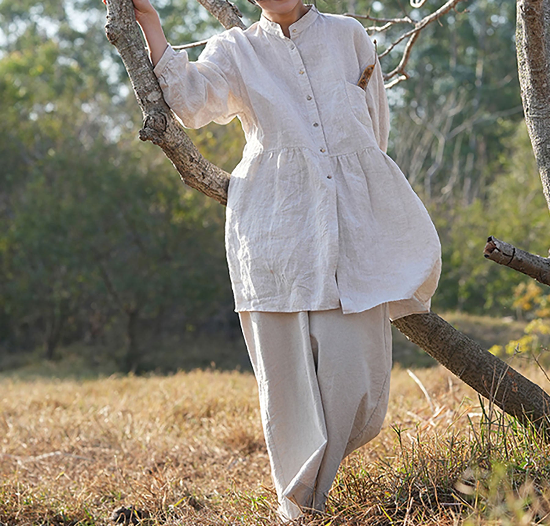 edoa Flax Linen Blouse with Ruffled Hem