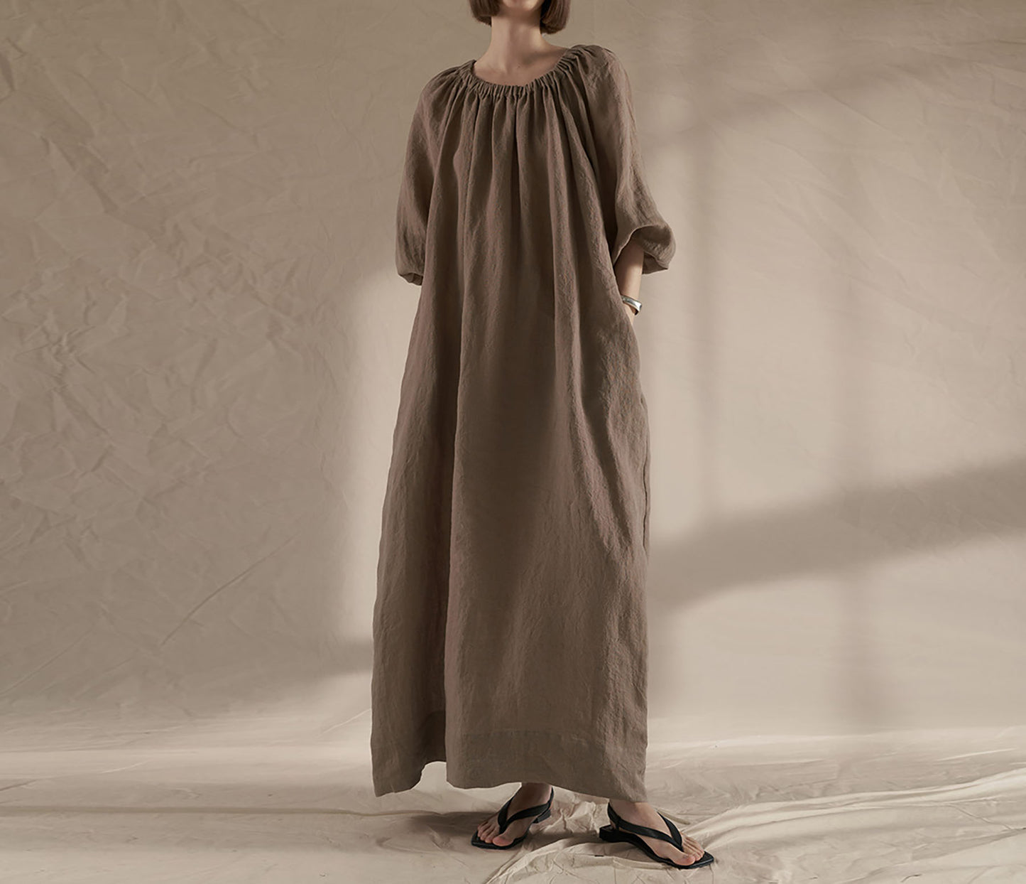 Gathered Long Linen Dress dr0288 W131