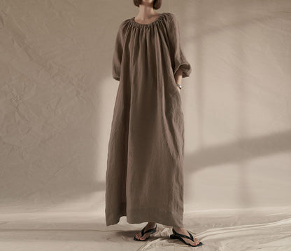 Gathered Long Linen Dress dr0288 W131