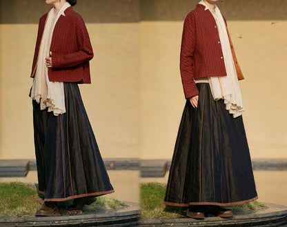 edoa Cracked Mud Silk Padded Chinese Mamianqun Pleated Skirt