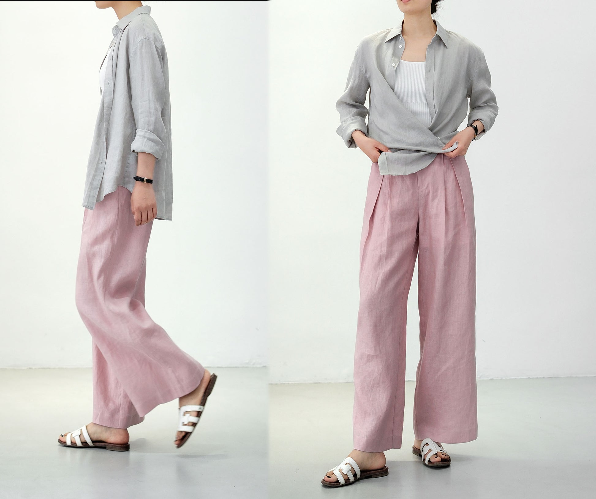 edoa Pink Wide Leg Linen Pants with pockets