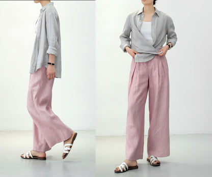 edoa Pink Wide Leg Linen Pants with pockets