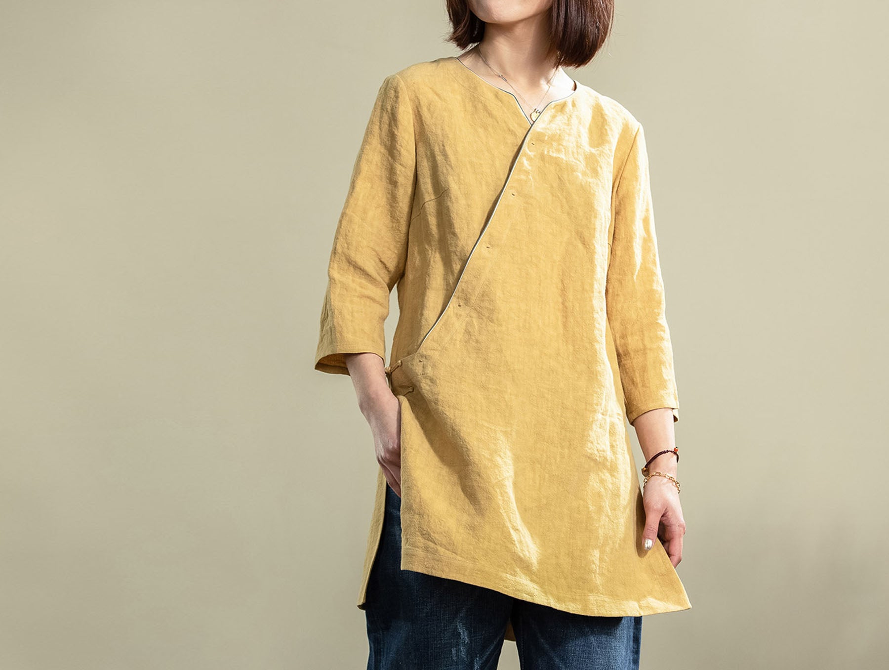 edoa Washed French Linen Qipao Top 