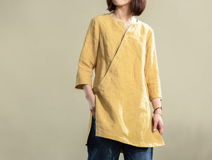 edoa Washed French Linen Qipao Top 