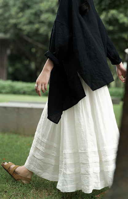 edoa Thin Linen Horizontal Pleated Skirt 