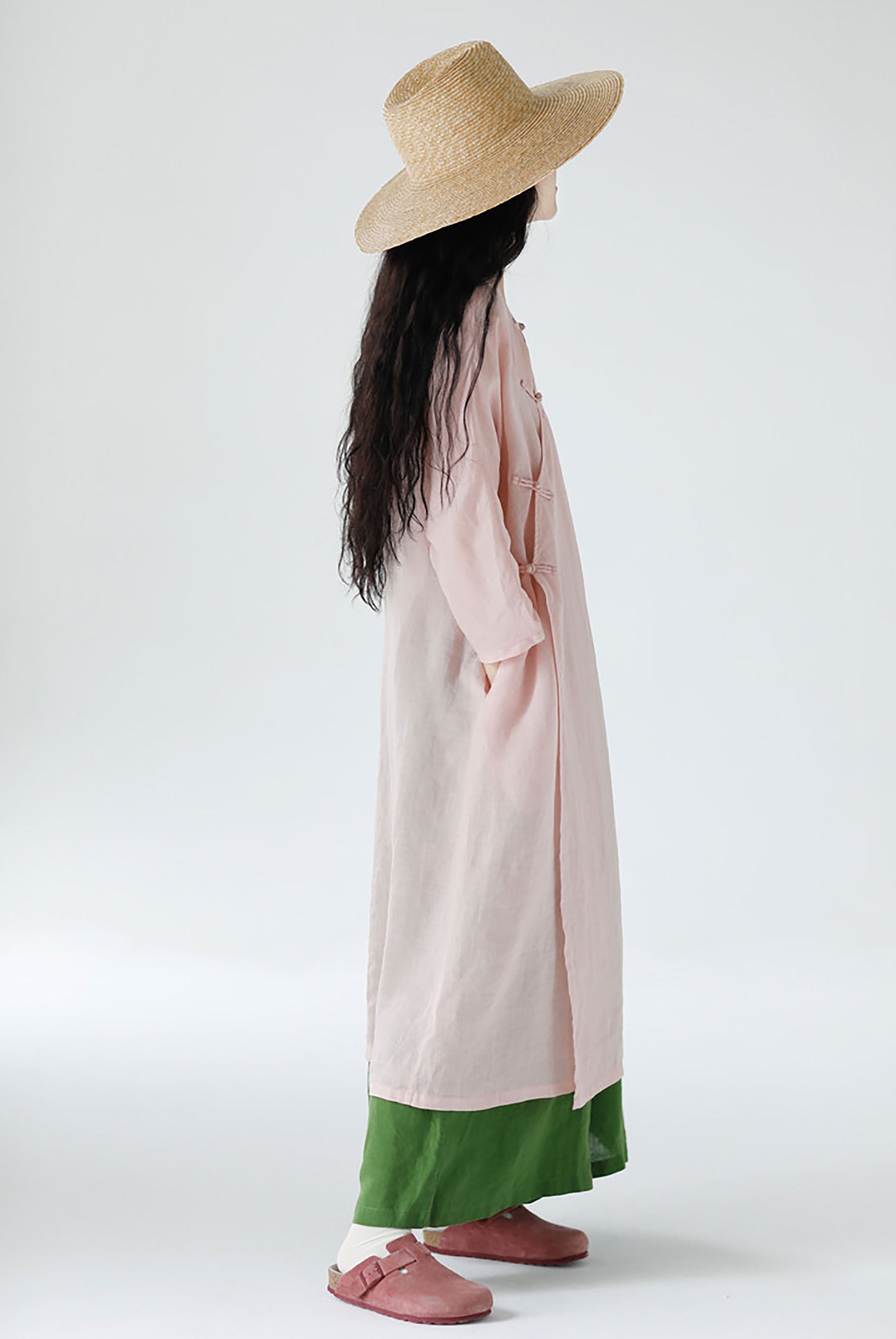 edoa Loose New Chinese Style Pink Ramie Bracelet Sleeve Cheongsam Dress