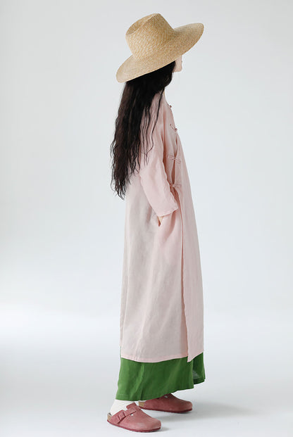 edoa Loose New Chinese Style Pink Ramie Bracelet Sleeve Cheongsam Dress
