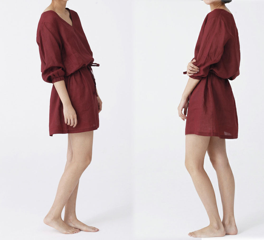 edoa Washed Ramie V-neck Bracelet Sleeve Dress 