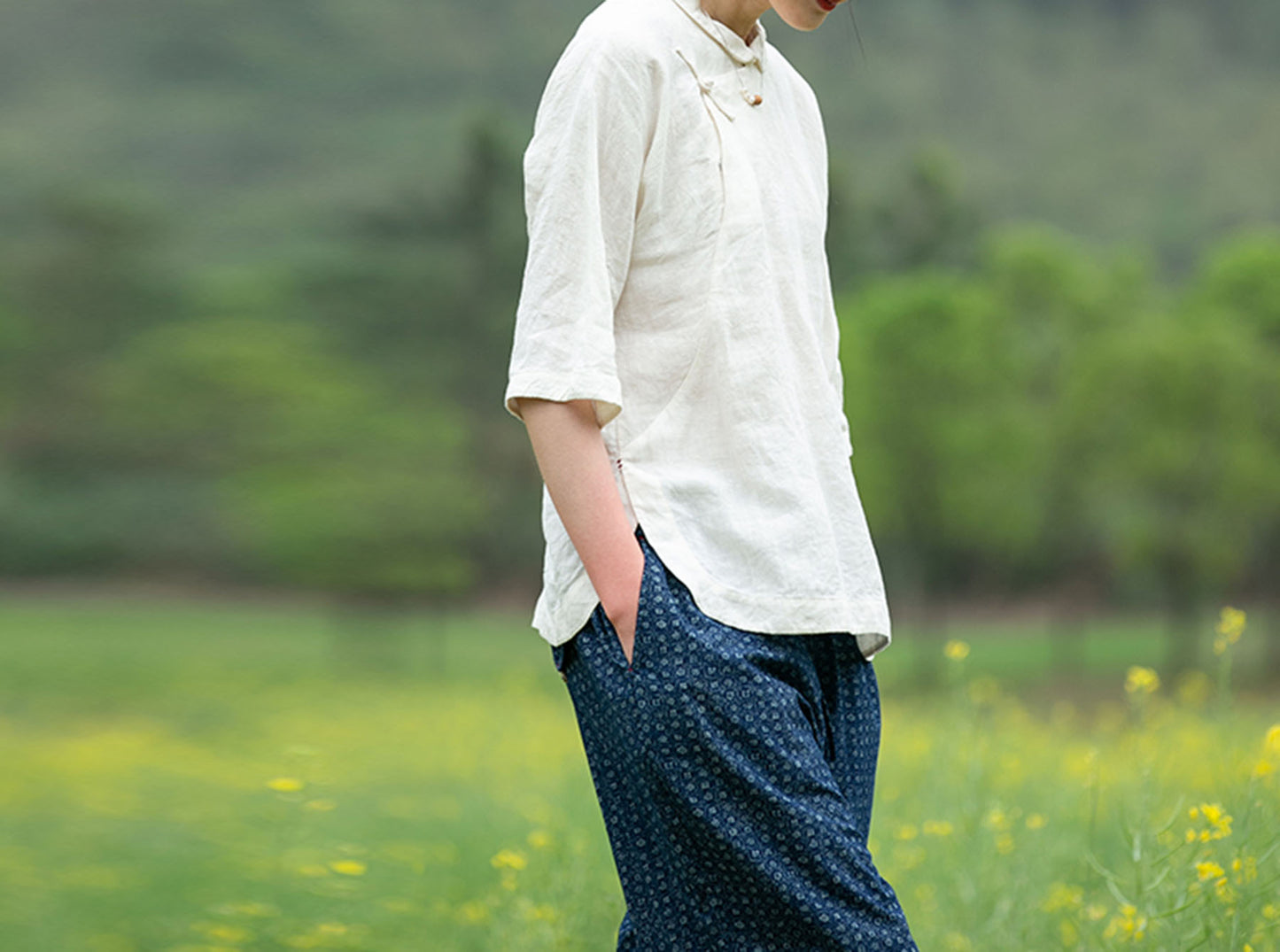 edoa Washed Linen Modified Qipao Top
