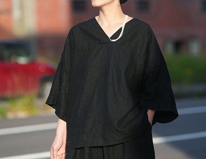 edoa Loose Heavy Weight Washed Linen V-neck Tee