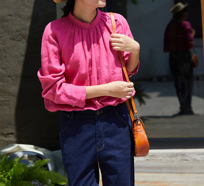 edoa Peach Washed Linen Victorian Blouse