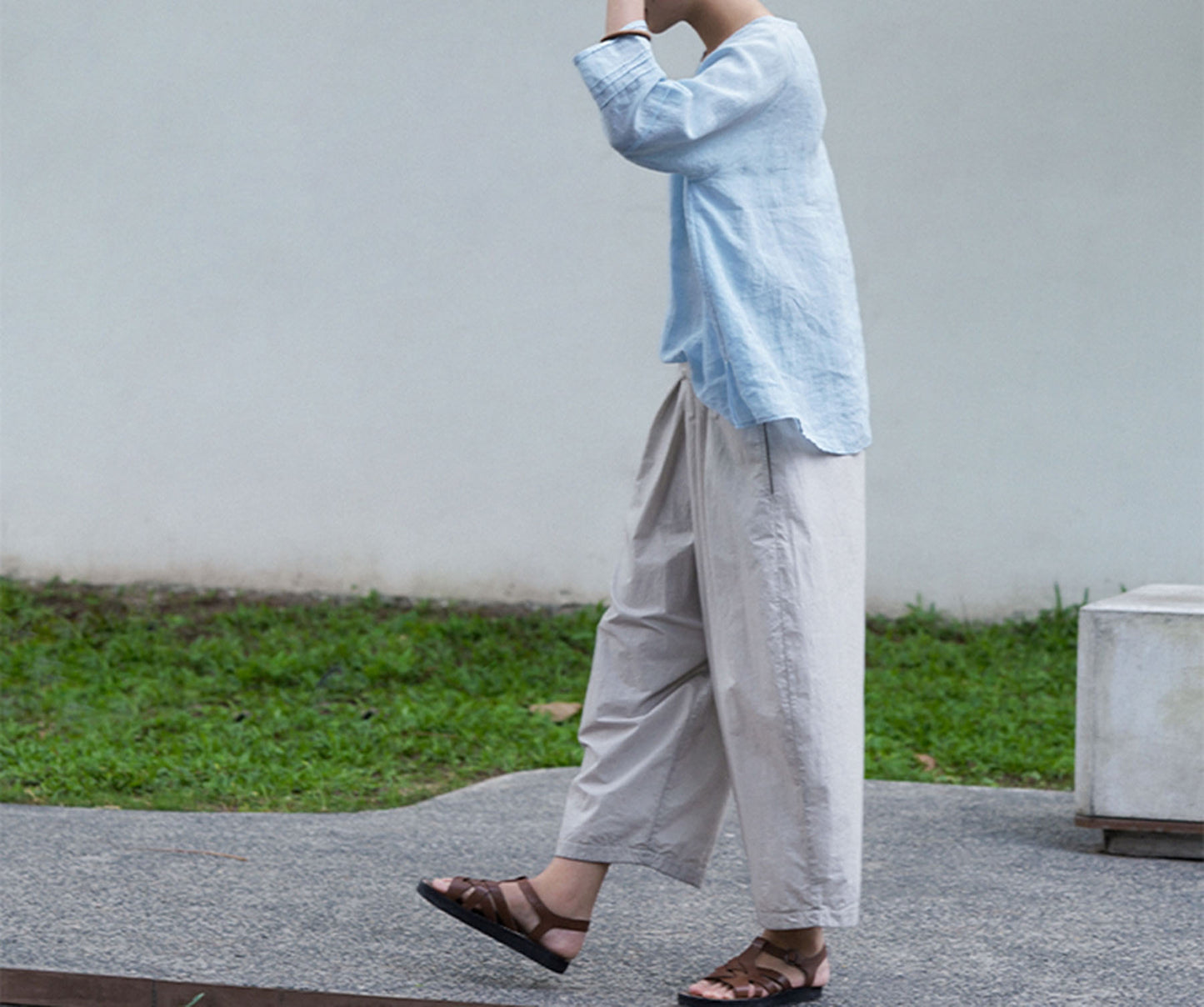 edoa Baby Blue Washed High Count Linen Blouse