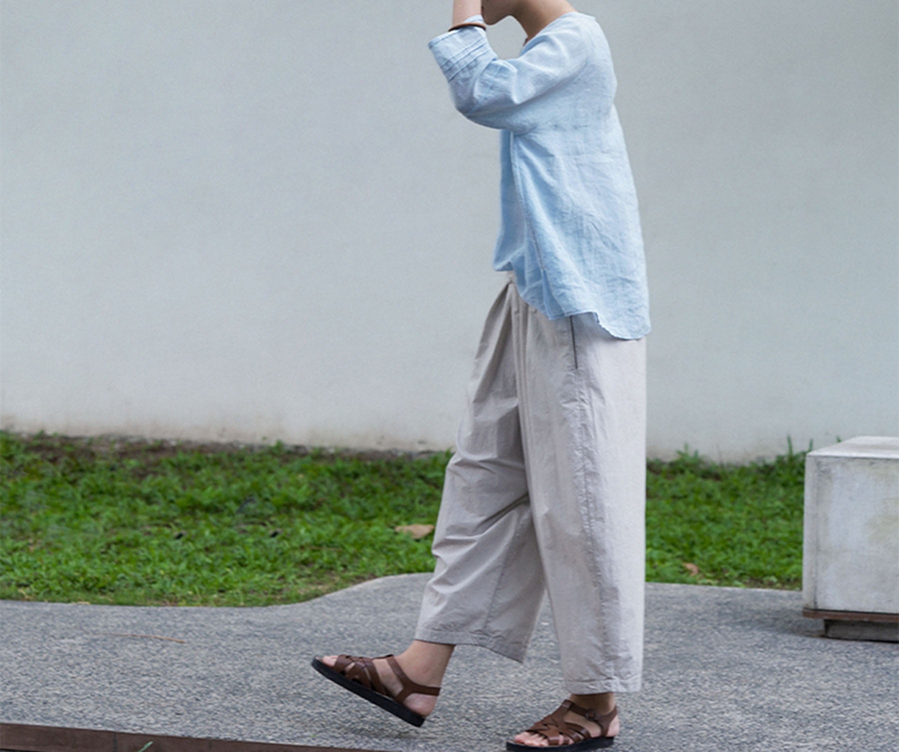 edoa Baby Blue Washed High Count Linen Blouse