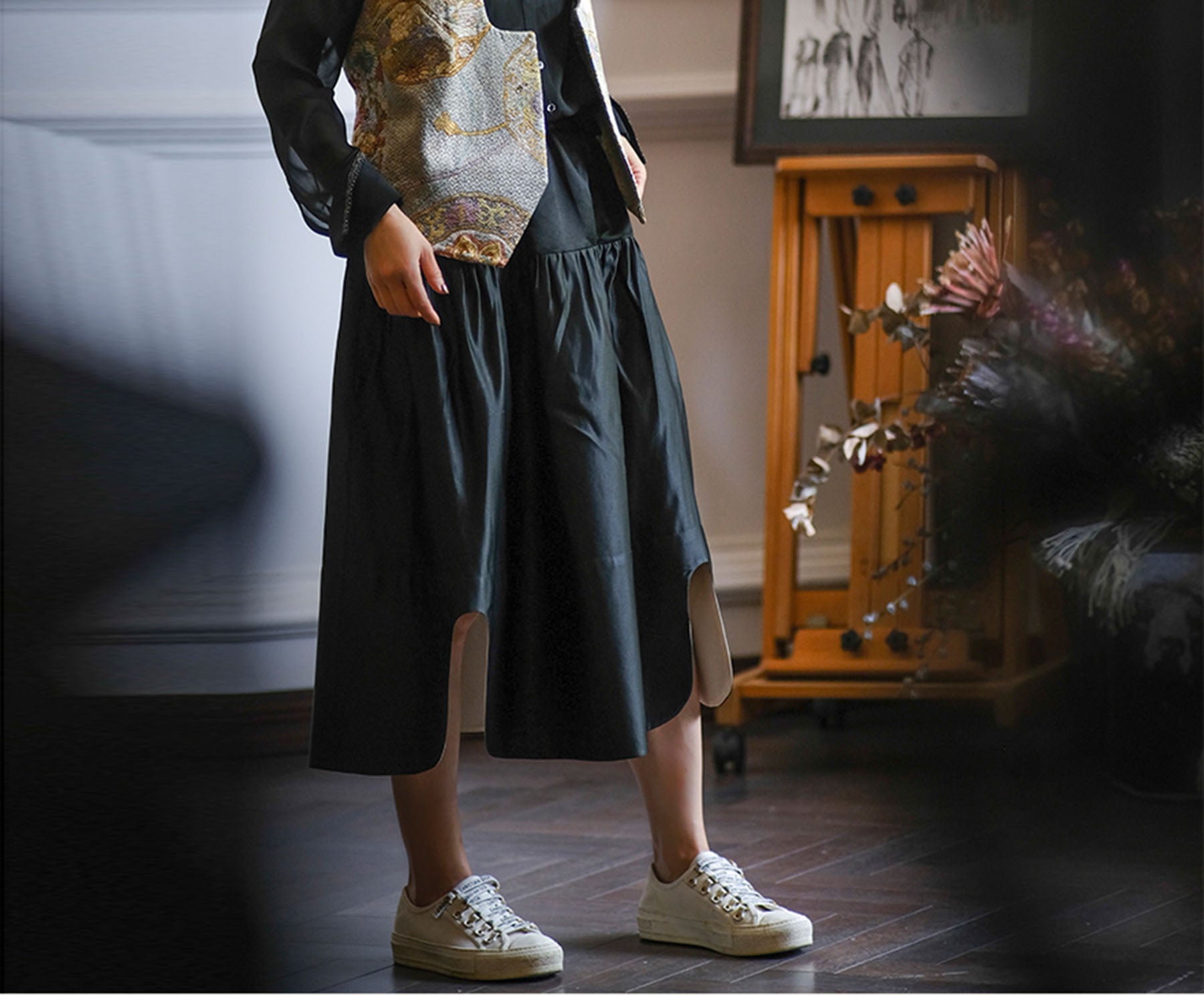 edoa Silk Charmeuse Tiered Skirt with Curved slits