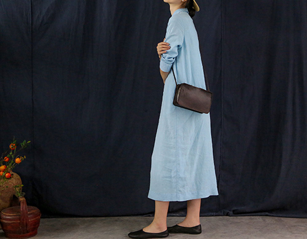 edoa Yarn Dyed Linen A Line Shirtdress