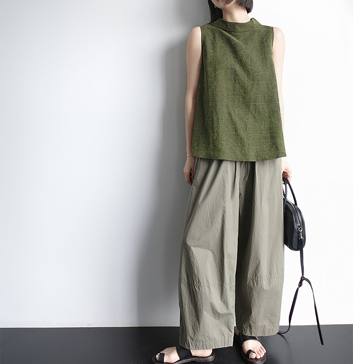edoa Modenized Green Cracked Mud Silk Trapeze Tank Top