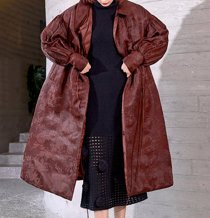 edoa Mud Silk Rayon Blend Jacquard Goose Down Long Coat 