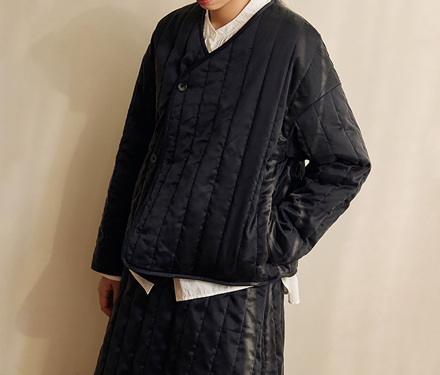 edoa Collarless Mulberry Silk Padded Overshirt