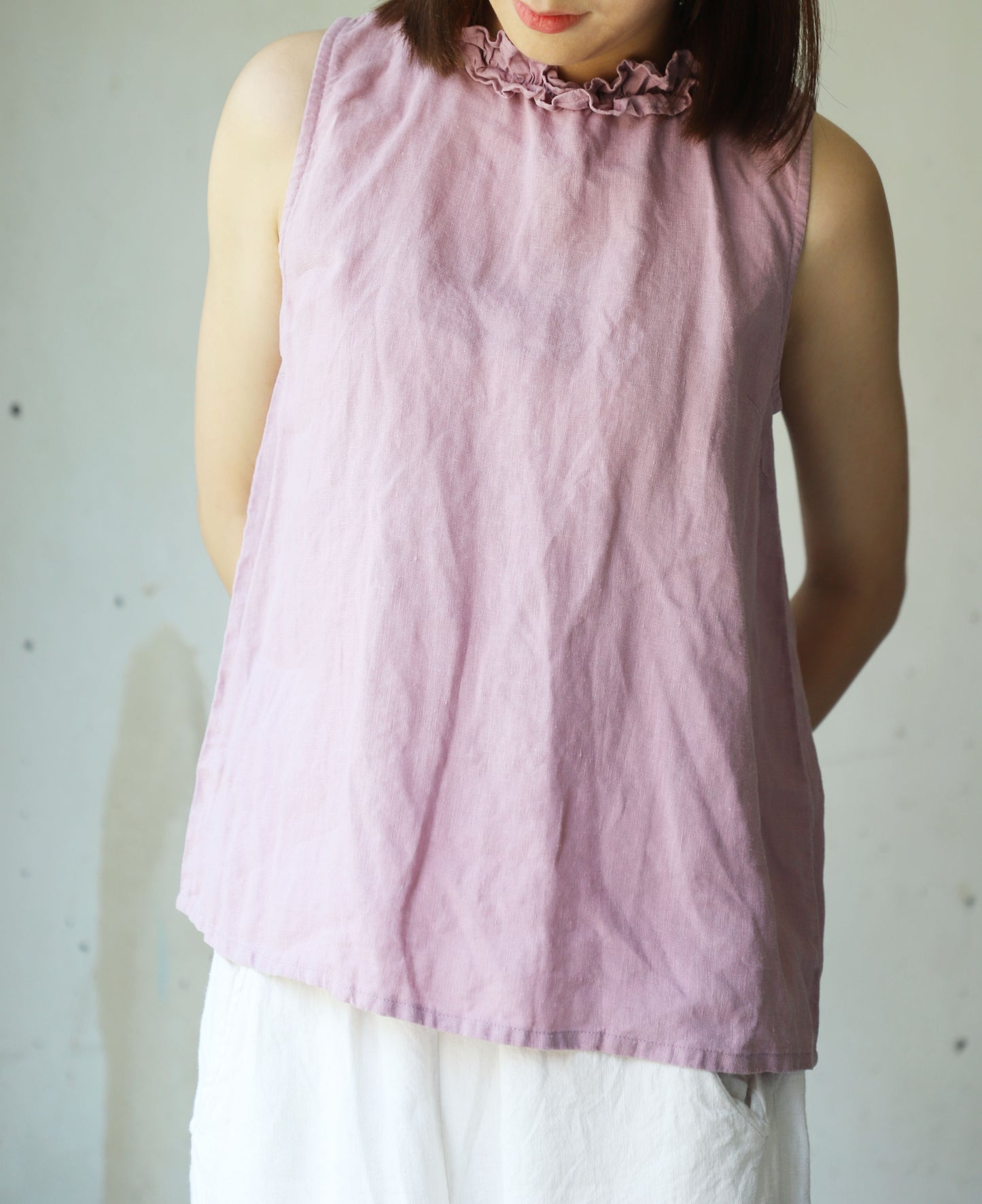edoa Ruffle Trim Neckline French Linen Tank Top