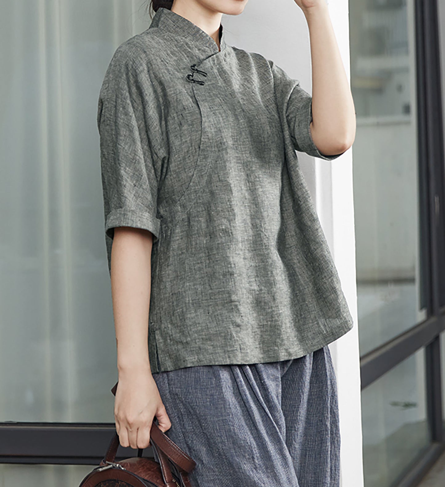 edoa Yarn Dyed Linen Chinese Shirt