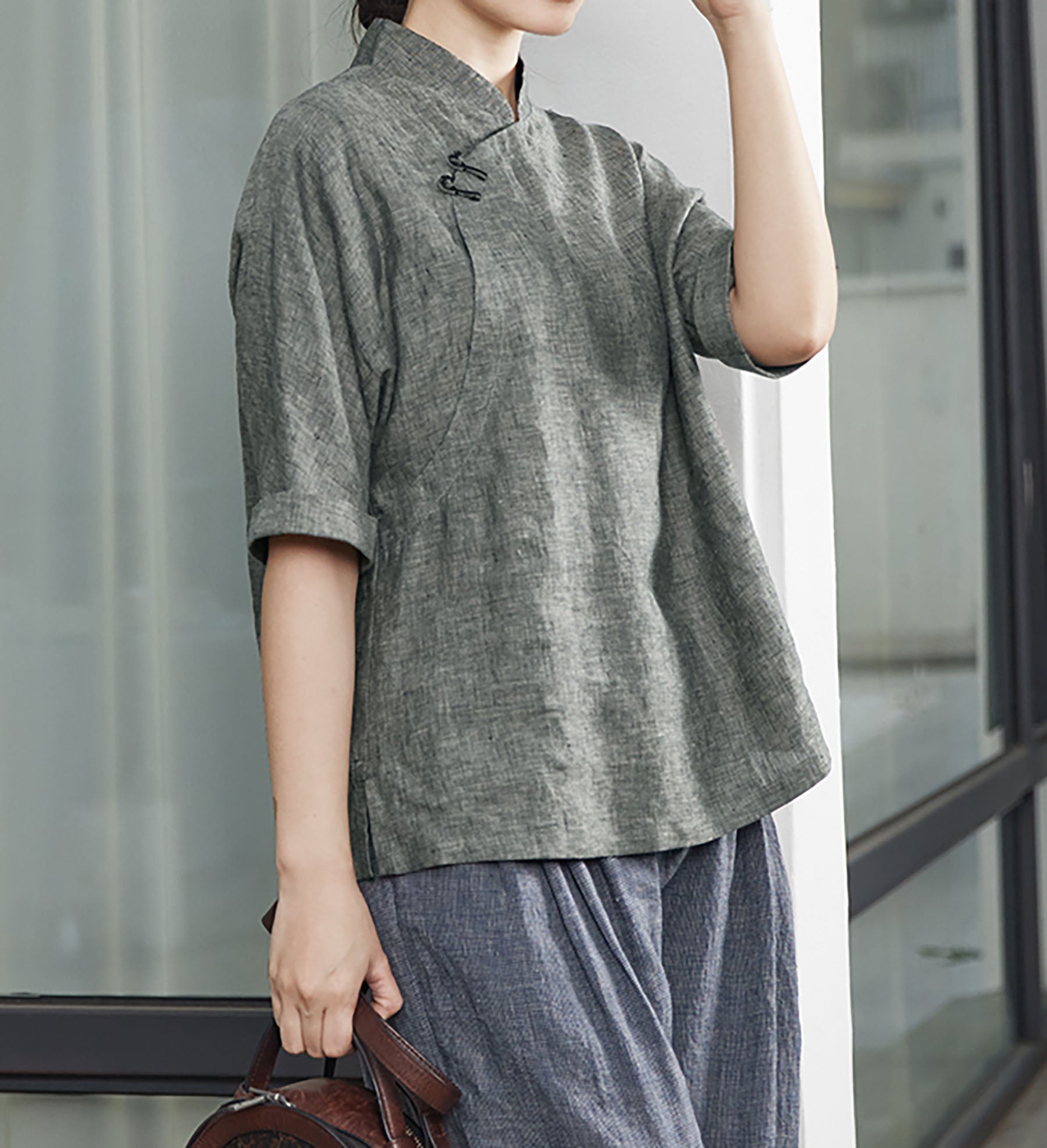 edoa Yarn Dyed Linen Chinese Shirt
