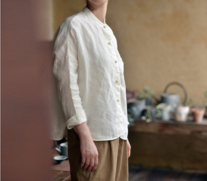 edoa Stand Collar Linen Chinese Shirt 