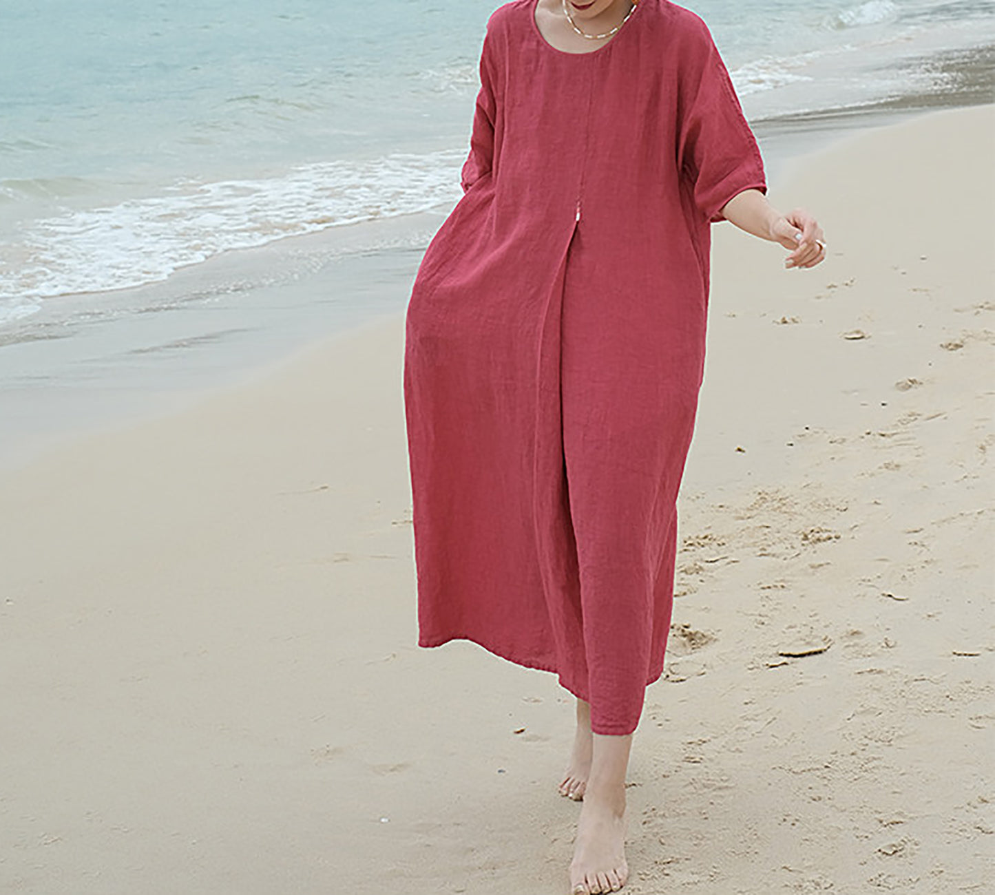 edoa French Linen Pleated Maxi Dress 