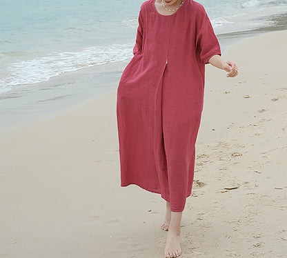 edoa French Linen Pleated Maxi Dress 