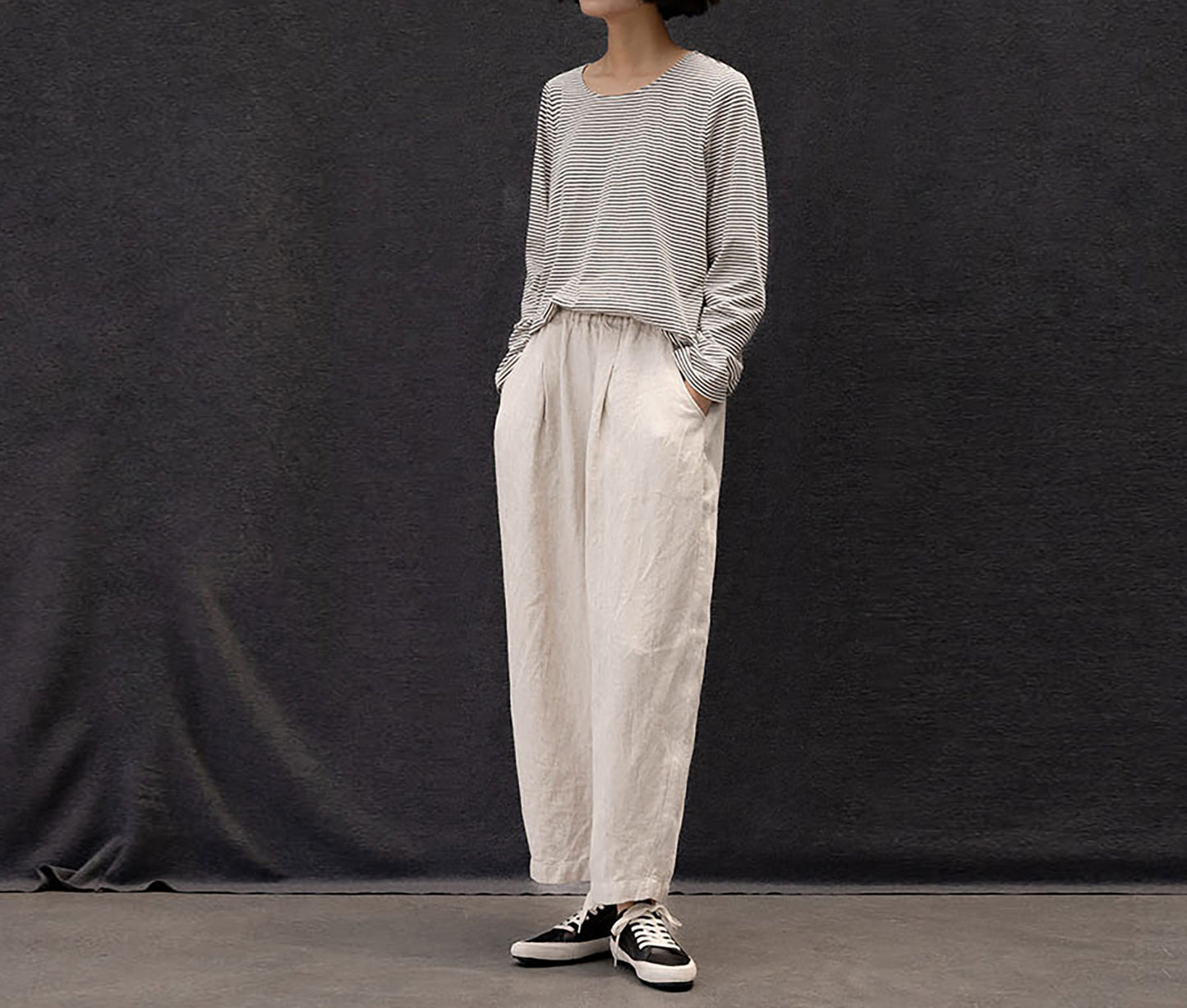 edoa Twill Flax Linen Tapered Pants with Elastic Waistband