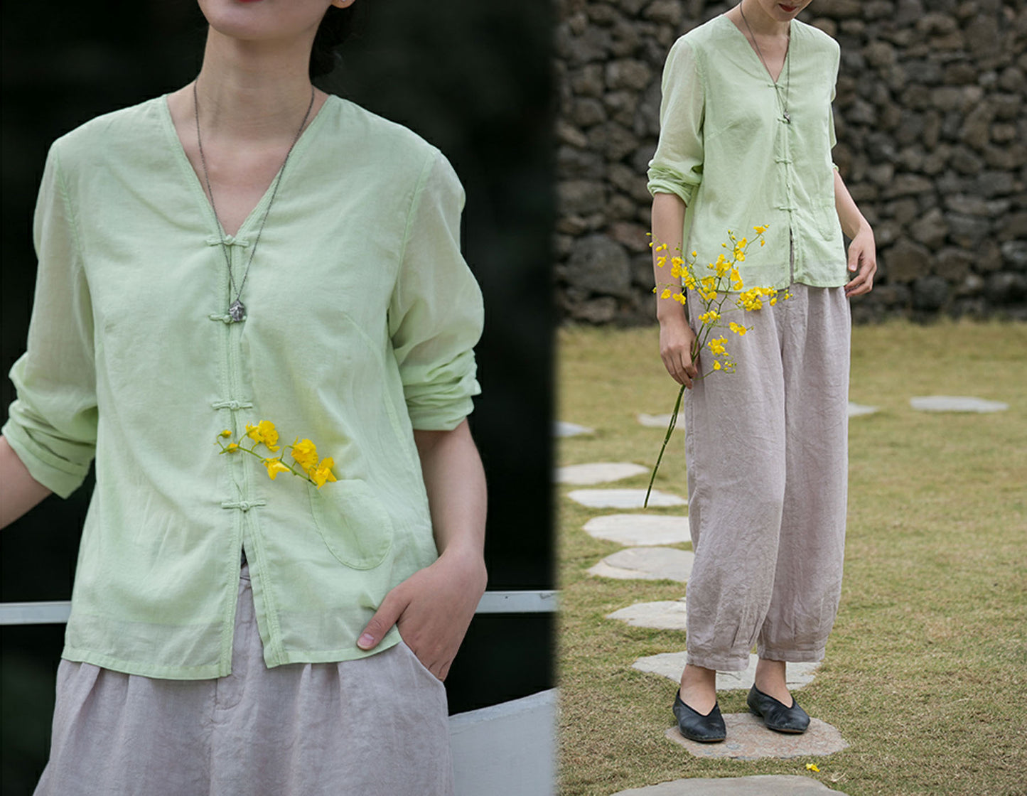 edoa High Counted V-neck Cheongsam Shirt