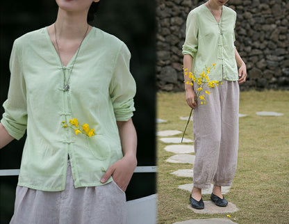 edoa High Counted V-neck Cheongsam Shirt