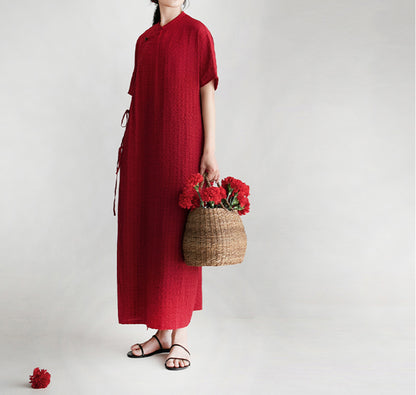 edoa Scarlet Crinkled Stripe Linen Blend Qipao Dress