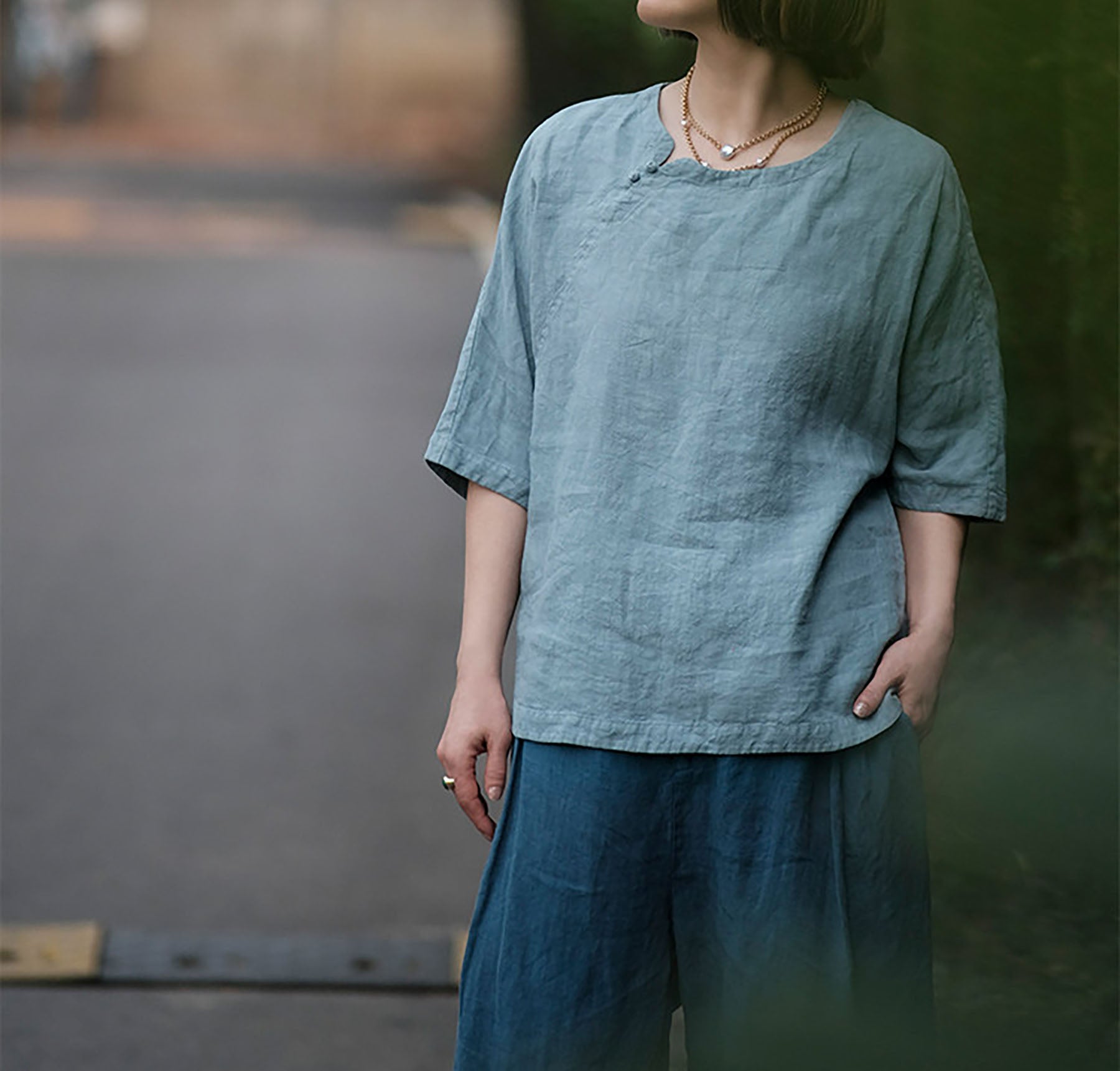 edoa Washed Linen Chinese Style Blouse