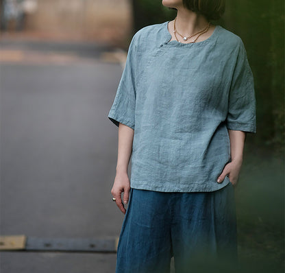 edoa Washed Linen Chinese Style Blouse
